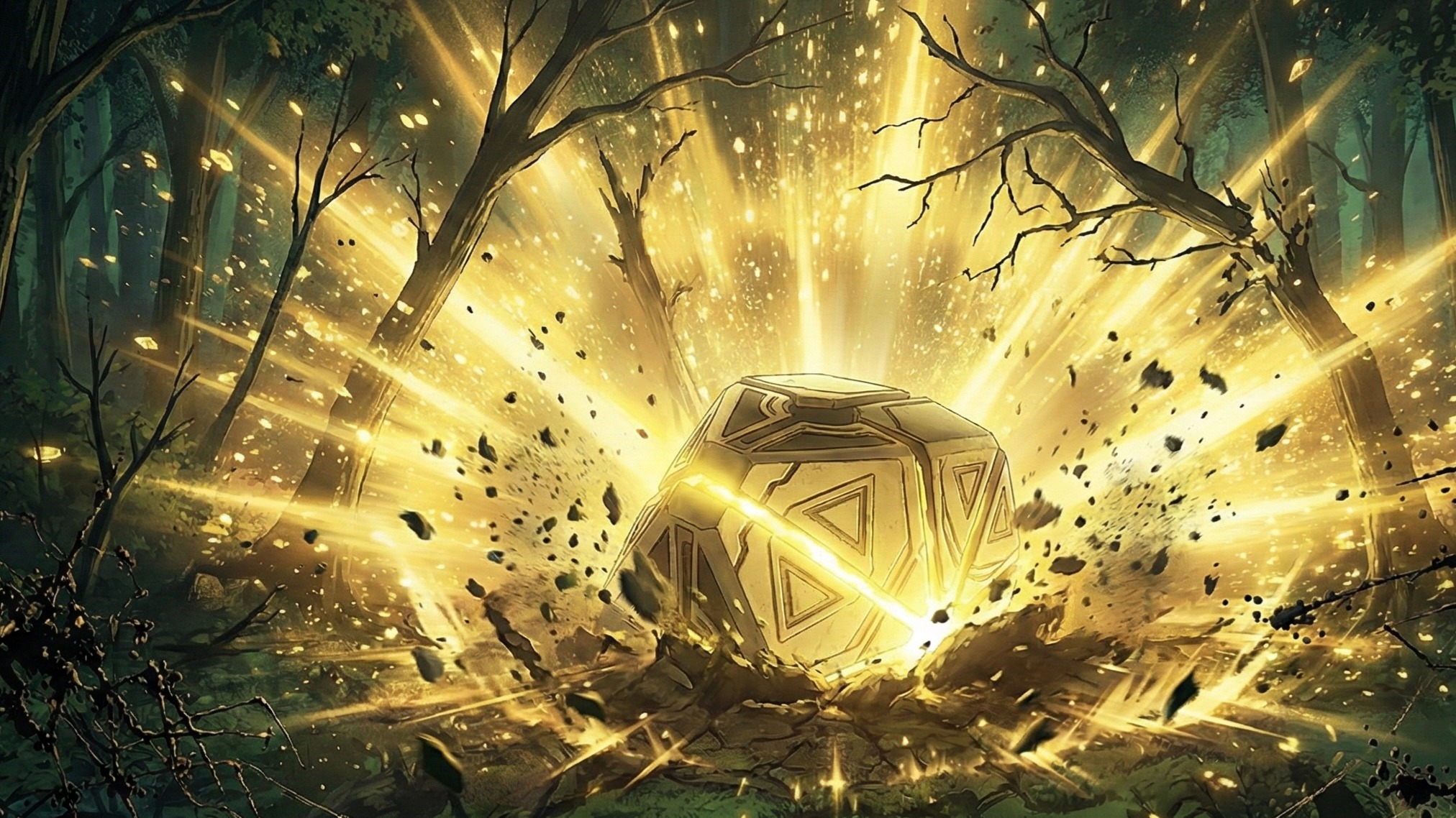 The Seed Core crashes into a forest with explosive golden light